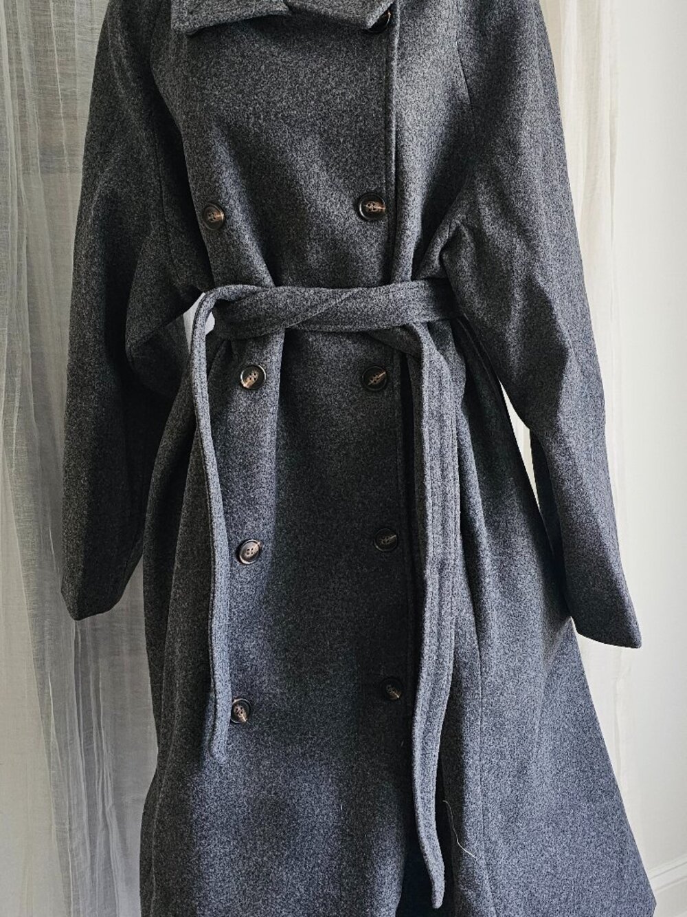 Commense Double-Breasted Belted Long Coat Grey Size XL NWT